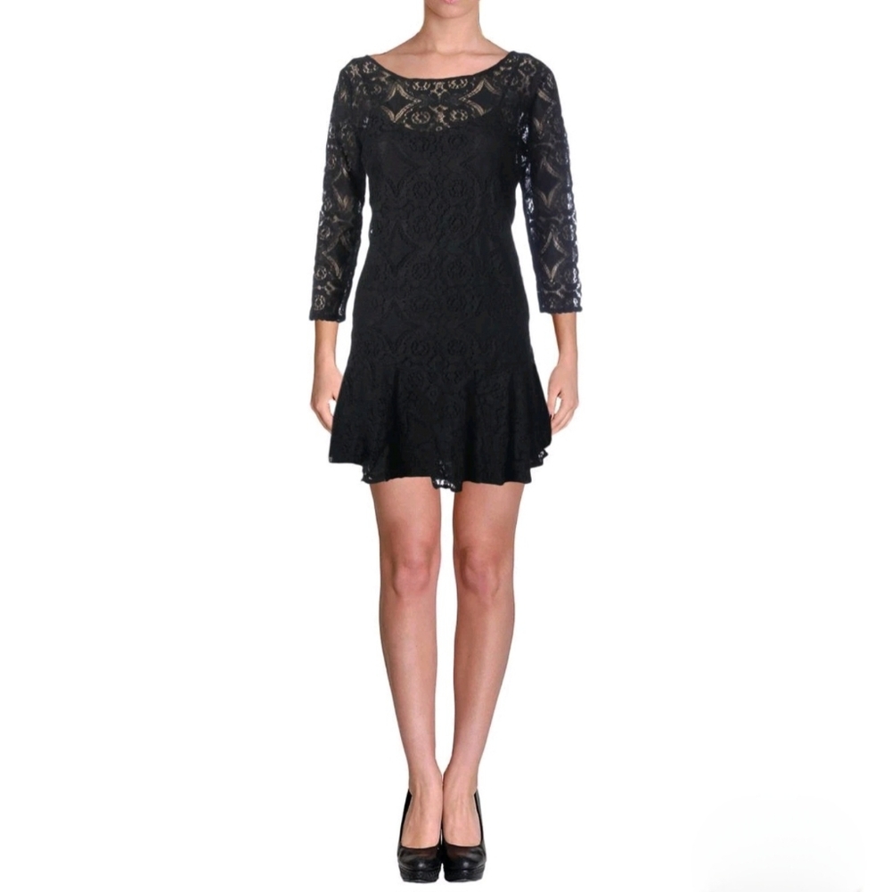 Free People Black Lace Ruffle Hem Whimsigoth Mini Dress Sz 2